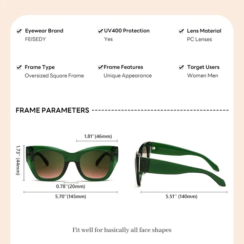 Vista 6 de FEISEDY Gafas de sol cuadradas vintage para mujer, de lujo, modernas, con marco grueso, protección UV400, B2378