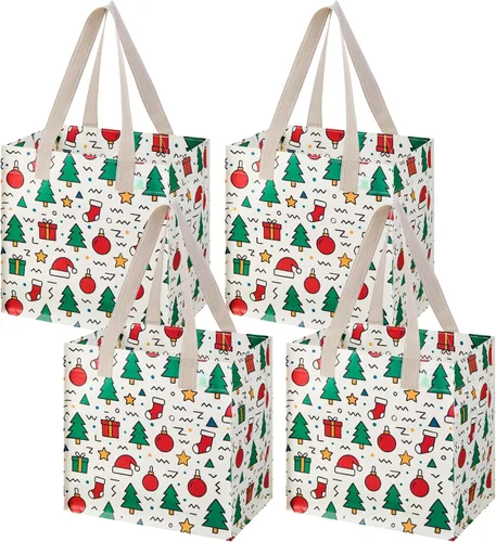 Vista 15 de VENO Paquete de 4 bolsas de comestibles reutilizables de Navidad, bolsas de compras resistentes con asas, para carrito de compras con parte inferior