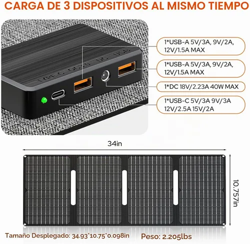 Vista 9 de Estación de energía portátil con panel solar plegable de 40W, generador de energía solar de 100W con paneles, toma de corriente de 110V AC, banco