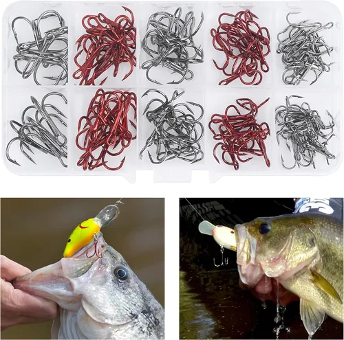 Vista 6 de Fishing Treble Hooks Kit, Sharp Replacement Treble Hooks for Lures Baits, High Carbon Steel Fishing Hooks with Stainless Steel Split Rings Set for