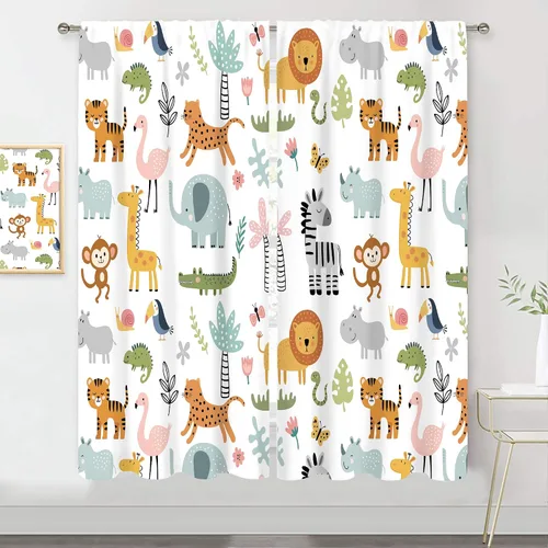 Vista 10 de MESHELLY Cortinas de animales de safari para guardería, 29 pulgadas de ancho x 63 pulgadas de alto, bolsillo para cortinero, bebé, niños, bosque