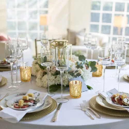 Vista 7 de DEVI Portavelas votivas doradas, 24 unidades, candelabros de cristal de mercurio, centros de mesa de boda dorados para decoración de mesa