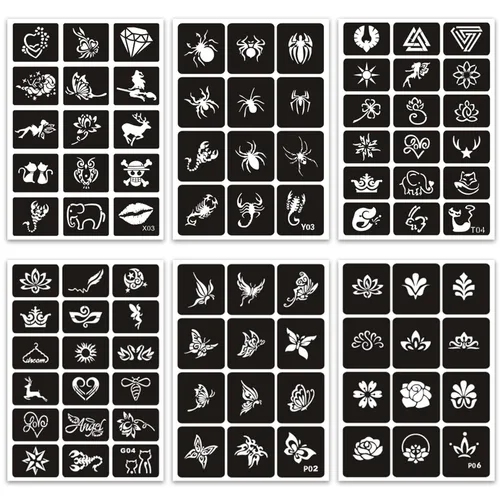 Vista 3 de Plantillas temporales de tatuaje reutilizables para mujeres y niñas, kit de plantillas de tatuaje de henna, plantillas temporales de tatuaje