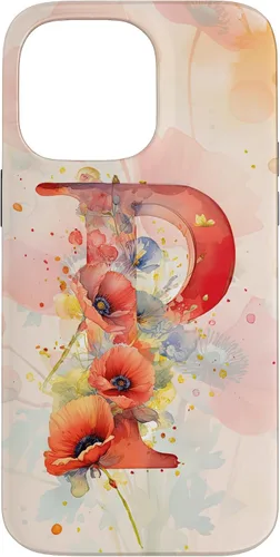 Vista 21 de iPhone 16 Beautiful Poppy Flowers Initial Letter P Monogram Watercolor Case