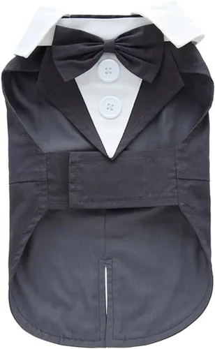 Vista 11 de Esmoquin para cachorro con corbata de moño desmontable, para graduación, boda, uso formal, disfraz de príncipe para perros pequeños (XS, negro)