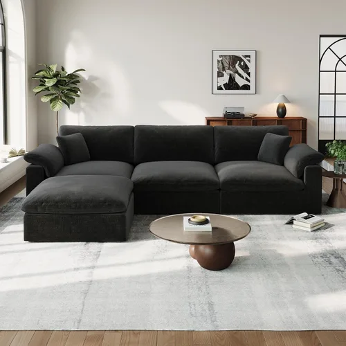 Vista 6 de Cloud - Sofá modular para sala de estar, sofás de mezcla de lino en forma de L, modernos sofás de nube de asiento profundo, sofás seccionales