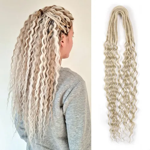 Vista 30 de Extensiones de rastas trenzadas bohemias de 24 pulgadas, 10 hebras de rastas sintéticas rizadas color marrón degradado con trenza de caja, rastas