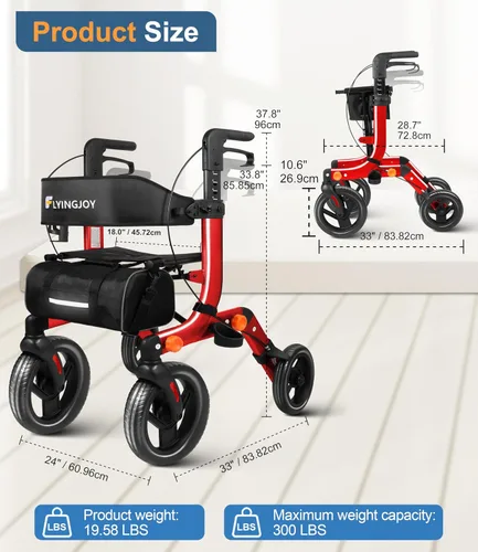 Vista 3 de Andador ligero con asiento para personas mayores, andador plegable con neumáticos grandes todo terreno a prueba de pinchazos, altura ajustable