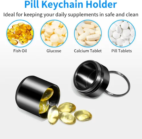 Vista 4 de Llavero pastillero - Organizador de pastillas pequeño, pastillero impermeable, llavero portátil con anillo para bolso (negro)
