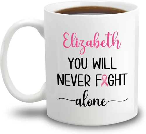 Vista 24 de Taza de café de concientización sobre el cáncer de mama con nombre personalizado, taza de café de 11 onzas, taza de té de cerámica blanca