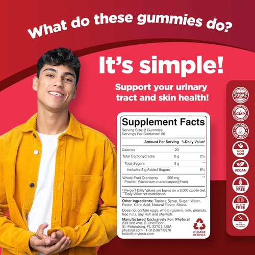 Vista 8 de Phytoral Gomitas de arándano extra fuertes para mujeres, delicioso y potente suplemento de arándano para mujeres y hombres, apoyo a la salud