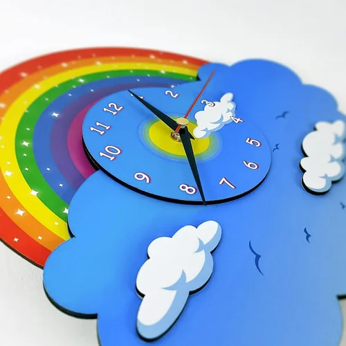 Vista 2 de Reloj de pared con péndulo de unicornio y arco iris, vista tridimensional, reloj oscilante analógico para niños, madera MDF 3D, para dormitorio