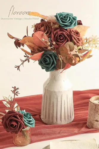 Vista 3 de Floroom Flores artificiales, 25 piezas de rosas falsas de espuma de color verde azulado de aspecto real con tallos para bricolaje, ramos de boda