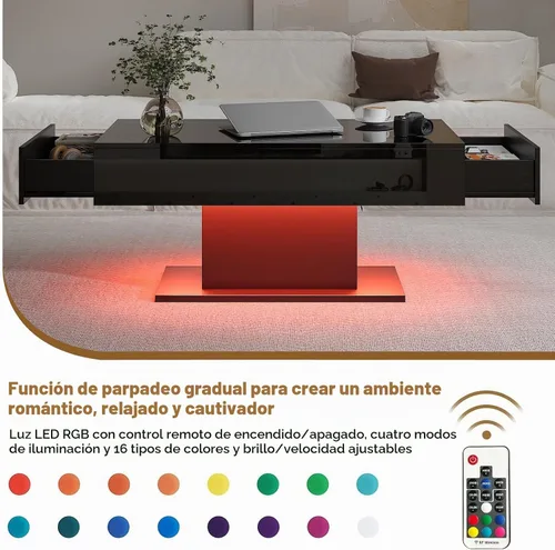 Vista 4 de HedoAjim - Mesa de café negra con LED y 2 cajones de almacenamiento para sala de estar, mesa rectangular de centro para sala de estar, mesas de café
