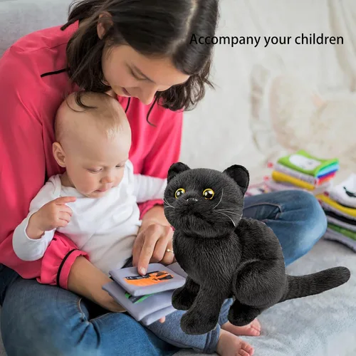 Vista 3 de Tiny Heart Juguete de peluche suave de imitación de gato negro de 9 pulgadas de largo, lindo y realista juguete de peluche de gato negro para niños