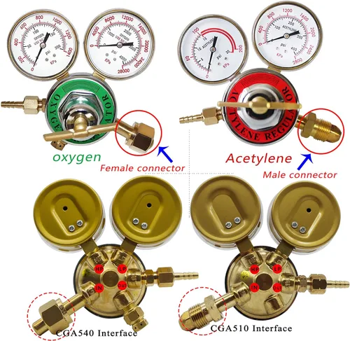 Vista 5 de Medidores de gas de soldadura duales, oxígeno (CGA-540) y acetileno (CGA-510) Combo de reguladores (2 PCS), regulador de soldador de gas de calibre