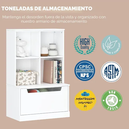 Vista 6 de UTEX Estantería para niños y organizador de almacenamiento de juguetes, estantería para niños pequeños con cubículos, estante de madera ajustable