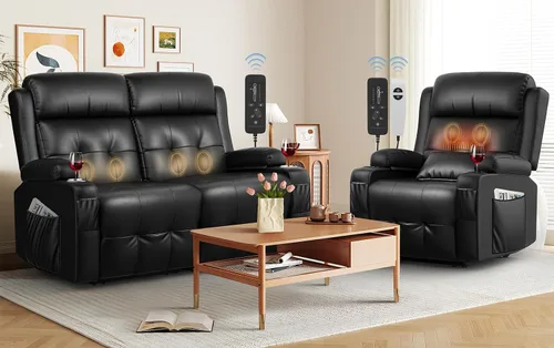 Vista 29 de Sofá reclinable manual de dos plazas, sofá reclinable de pared con masaje, puertos USB y tipo C, almacenamiento, portavasos, sofá RV para sala