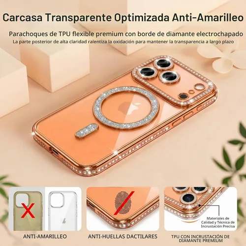 Vista 4 de Funda magnética con purpurina y diamante para iPhone 11 [Compatible con MagSafe] Protector de lente de cámara con brillo de strass, placa de cristal