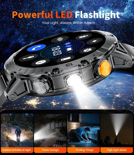 Vista 5 de Reloj Inteligente Militar para Hombres (3 Bandas), Relojes Inteligentes con Pantalla HD Grande de 1.7" y 1000mAh con Linterna LED para Android iOS