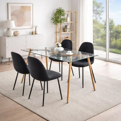 Vista 18 de Juego de sillas de comedor de 6 piezas, cuero sintético negro moderno, respaldo alto tapizado, marco de acero, cocina cómoda, muebles de comedor