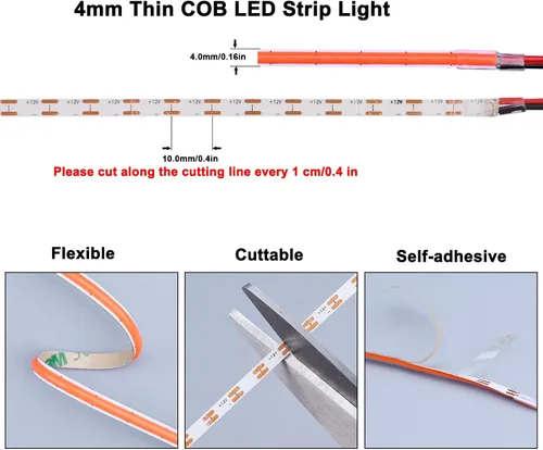 Vista 3 de TOPAI Tira LED COB ultrafina de 0.157 in, color rojo, 620-625 nm, 16.4 pies, CC 12 V, alta densidad, 400 LEDs/M 7 W/M, CRI>90 flexible con adhesivo
