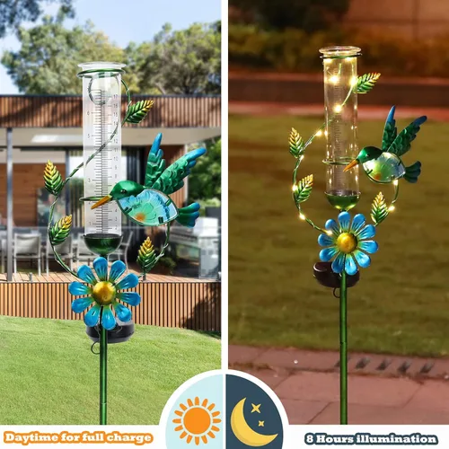 Vista 3 de MUMTOP Medidor de Lluvia para Exteriores, Estaca Decorativa de Colibrí de Metal con Flores, Alimentada por Energía Solar para Césped, Patio y Jardín