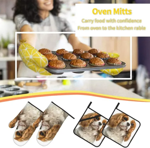 Vista 7 de Cavalier King Charles Spaniel - Juego de 4 manoplas para horno y ollas para perros, resistentes al calor, con capa interior de algodón