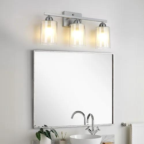 Vista 3 de Mecgirn Lámpara de tocador de baño de acero inoxidable sobre el espejo, 3 lámparas de baño de níquel cepillado con vidrio de leche y pantallas