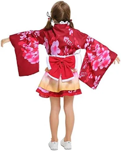 Vista 4 de Disfraz de anime para niños y niñas japonesas Lolita Kimono Vintage Original Tradición Yukata Vestido de Halloween rojo S Altura 43-47