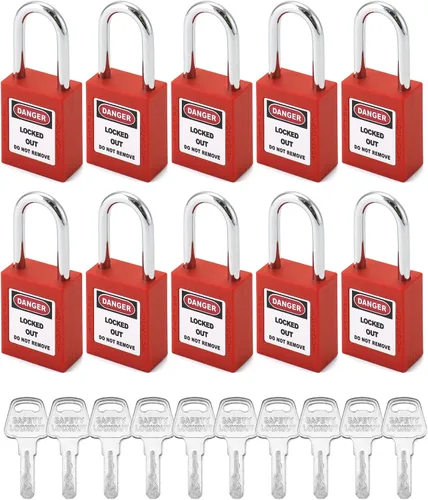 Vista 6 de QWORK Candado de seguridad con etiquetado rojo, 2 candados con 4 llaves
