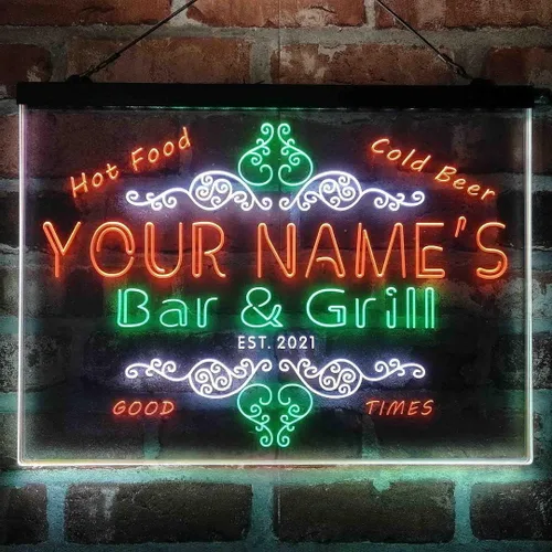 Vista 12 de Letrero de luz de neón LED tricolor personalizado para bar y parrilla, nombre personalizado, fecha, texto, cita, fuente blanco, azul y rojo, 17.7 x