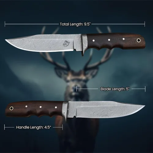 Vista 2 de Knives Ranch Cuchillo de Caza Artesanal de 9-1/2"- Cuchillo de Bushcraft y Campamento de Acero Damasco con Espiga Completa- Mango de Palisandro