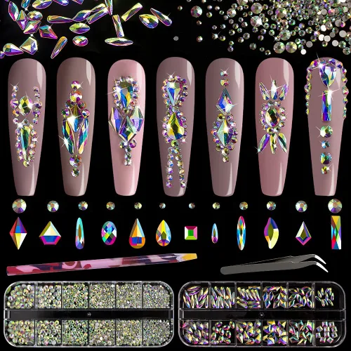 Vista 10 de Juego de 3440 piezas de cristales de vidrio transparente blanco y AB, en 6 tamaños con lápiz recogedor, pinzas para manicura con brillo iridiscente