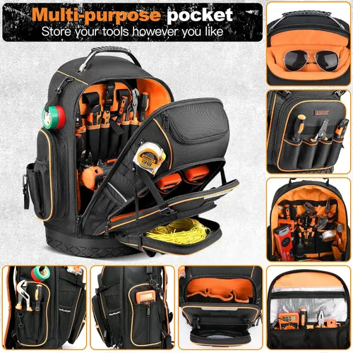 Vista 6 de Mochila de herramientas, mochila de herramientas de apertura completa resistente para hombres con base moldeada impermeable, mochila grande