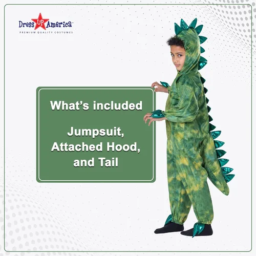 Vista 2 de Dress Up America Disfraz de T-Rex para niños, overol de dinosaurio verde con capucha y cola, tallas para niños pequeños y jóvenes para Halloween