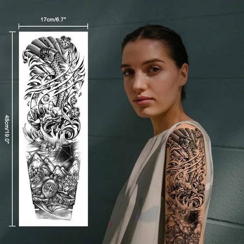 Vista 6 de Tatuaje temporal de brazo completo de Halloween para hombres y mujeres, 12 hojas de tatuajes temporales de manga de esqueleto de calavera, tatuajes