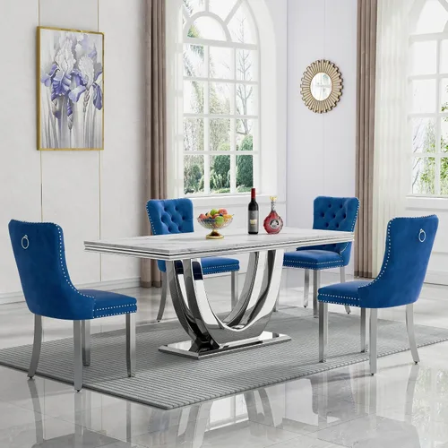 Vista 45 de Mesa de comedor blanca de 68 pulgadas para 4-6, mesa de cocina rectangular moderna con mesa de mármol sintético y base de acero inoxidable plateado