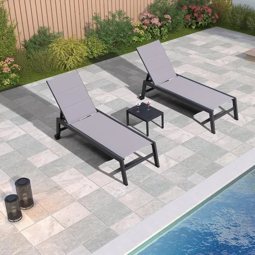 Vista 30 de PURPLE LEAF Juego de 2 tumbonas de aluminio para patio al aire libre con ruedas y mesa auxiliar, tumbona de piscina para jardín al aire libre, junto