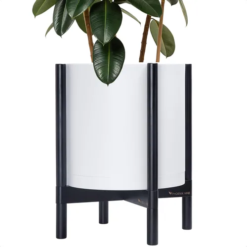 Vista 52 de Maceta de D'vine Dev con soporte - Maceta de flores de cilindro de plástico de 8.0 pulgadas con soporte de madera para interiores, maceta mate negra