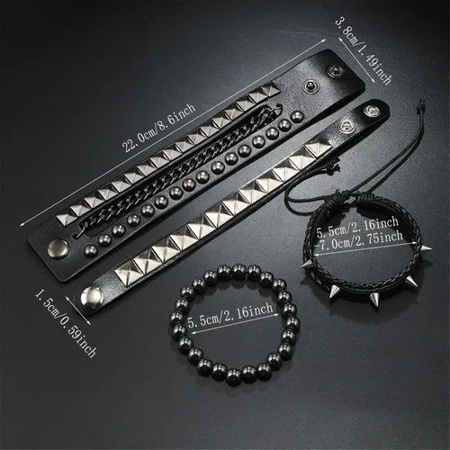 Vista 2 de Juego de 4 pulseras punk góticas de piel sintética con remaches y tachuelas de rock, para hombres y mujeres, hip hop, unisex, regalo de joyería