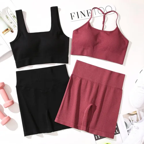 Vista 8 de Conjuntos de entrenamiento para mujer, 4 piezas, sin costuras, brasier deportivo de cintura alta, pantalones cortos para yoga, gimnasio, conjunto