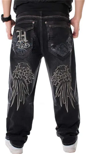 Vista 2 de LUOBANIU Pantalones de mezclilla holgados estilo hip hop vintage para hombre, pantalones de patineta de baile