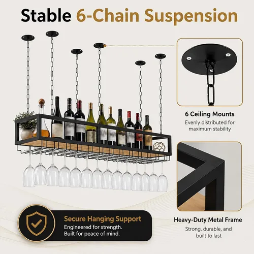 Vista 5 de Estante de techo para copas de vino, estante colgante para vino con soporte para vidrio y estante, soporte para botellas de vino colgante industrial