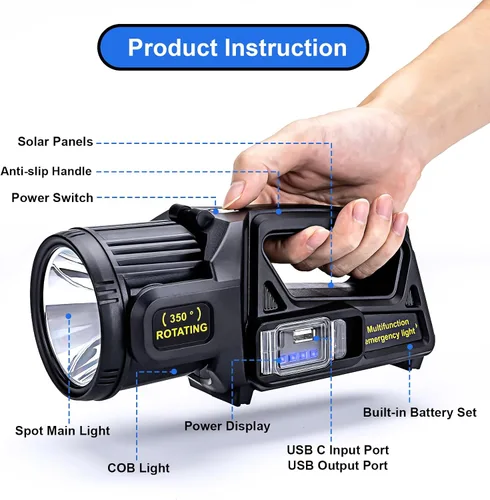Vista 7 de Linterna de foco recargable, 2,000,000 L lúmenes, luz LED de mano con rotación de 350°, 9 modos, carga solar y USB-C, impermeable, linterna