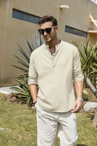 Vista 4 de COOFANDY - Camisa de lino y algodón con cuello Henley, de manga larga, estilo hippie, informal, camisetas de playa