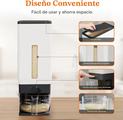 Vista 4 de Lifewit Dispensador de arroz de 25 libras (24.9 lbs), recipiente de almacenamiento de arroz sellado a prueba de humedad con taza medidora para Negro