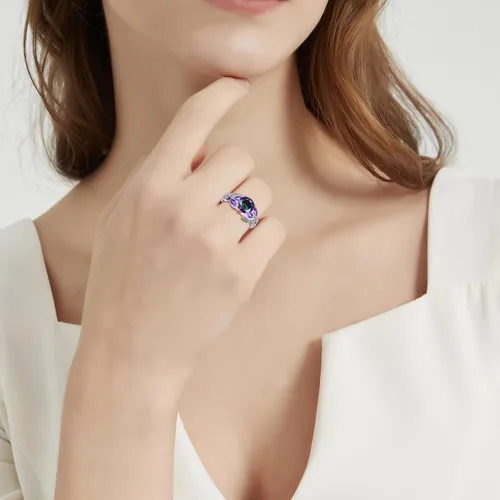 Vista 7 de Anillo de compromiso de plata de ley 925 de 3.6 quilates para mujer, topacio arcoíris zafiro aguamarina Anillo de compromiso para mujer