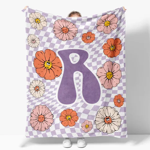 Vista 13 de Manta retro de los años 70 con inicial B floral a cuadros, groovy abstracta estética, manta de franela suave personalizada, regalos con monograma