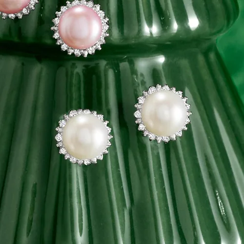 Vista 4 de Ross-Simons 7-7.5mm Cultured Button Pearl and .13 ct. t.w. Diamond Stud Earrings in Sterling Silver